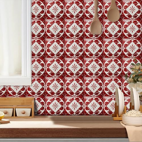 Self Adhesive Wall Tiles Mandala Red Marble Peel and Stick Wall Tiles Waterproof PVC Home Decor for Bathroom Kitchen Tile Stickers Heat Resistant Tile Wallpaper 15x15 cm/10 pcs