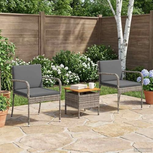 Ziaphsol Garten Bistro Set 3-teilig Grau aus Poly-Rattan mit Akazien-Tisch, wetterfest, inklusive Abnehmbarer Kissen für Terrasse Balkon Garten Lounge Essgruppe Outdoor Möbel