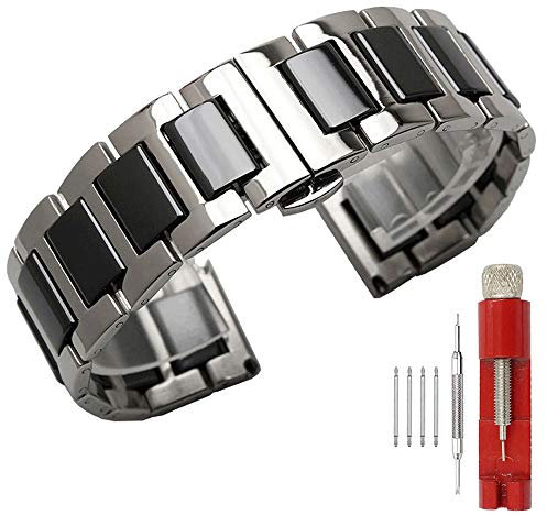 Kai Tian 16mm Uhrenarmbänder Edelstahl Silber Herren Armbanduhr Doppelschnalle Schwarz Keramik Uhrenarmband Ersatz Metallarmband Uhr