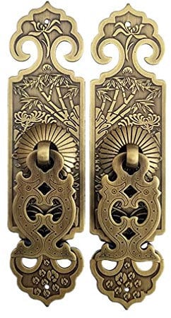 Tiazza 2Pcs Vintage Style Embossing Pattern Pulls Handle Bookcase Wardrobe Drawer Window Pure Copper Double Door Handle