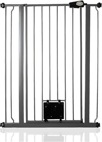 Bettacare Pet Gate with Lockable Cat Flap, 81.4cm - 89cm, Slate Grey, 104cm in Height, Extra Tall Dog Safety Barrier with Cat Flap, Easy Installation