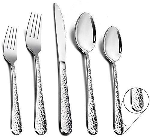 TEAMFAR Set di posate in acciaio inox, 60 pezzi, per 12 persone, manico a martello, posate da tavola con coltello, forchetta, cucchiaio, lucido e lavabile in lavastoviglie