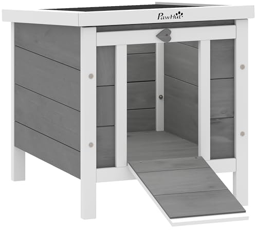 PawHut Small Wooden Rabbit Hutch Bunny Cage Guinea Pig Cage Duck House Dog House with Openable & Waterproof Roof, for Rabbits, Chickens, Ducks, Gray