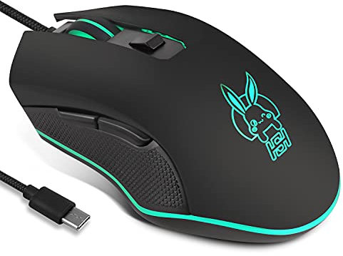 IULONEE Ratón Gaming USB Type C Mouse RGB Iluminación Silent 2400 dpi y 6 Botones Programables Ratón para Juegos Ergonómico para PC Windows Ordenador Portátil Escritorio Mac Negro