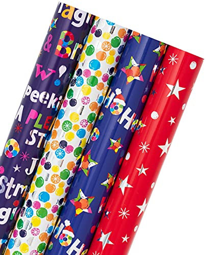 Holijolly Weihnachts Geschenkpapier Rolle - Bunte Tupfen/Sterne/Einzigartiger HoHoHo-Schriftzug/Weihnachtsfeier-Schriftzug mit Metallfolienglanz - 4 Rollen - 76CMx3.05M pro Rolle