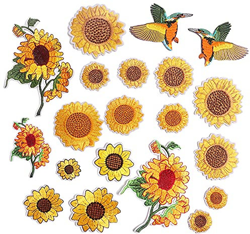 Woohome 22 Stück Blumen Schmetterlinge Bügelflicken, Patches Zum Aufbügeln, Sonnenblume Schmetterling Vogel Bügelflicken Applikation Gestickten Aufnäher für T-Shirt Jeans Taschen Kleidung