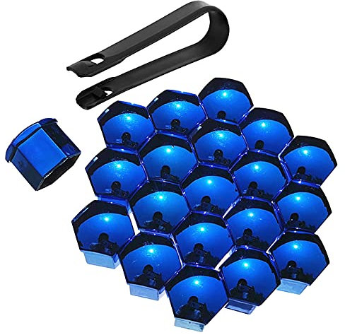 Bseical 20 Pièces Cache Ecrou ABS Processus de Galvanoplastie, Cache Boulon Universels 17mm/19mm/21mm de Roue Capuchons Protection Hexagonal Bouchon Écrou de Pneu avec Outil Demontage (Bleu, 19mm)