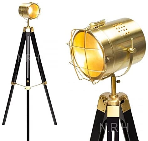 Modern Industrial Spotlight Vintage Tripod Floor Lamp - Metal Wooden Nautical Standing Searchlight Reading Room Light