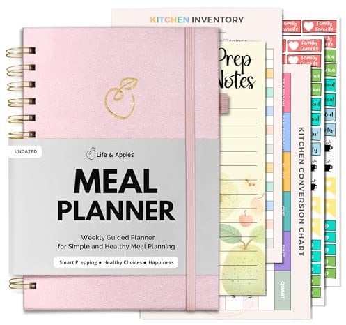 Life & Apples Meal Planner with Grocery List – Undated Weekly Menu & Meal Prep Notebook for Women & Men, Healthy Eating & Weight Loss Planner, 52-Week Spiral Bound Journal, Rose Gold
