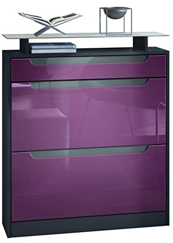 Vladon Schuhschrank Fiesta, Schwarz matt/Brombeer Hochglanz/Grau Hochglanz - Schuhkipper für 16 Paar Schuhe (89 x 104 x 23 cm)