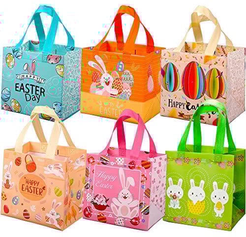 6 Pack Easter Tote Bags with Handles, Non-Woven Reusable Gift Bag Bunny Easter Egg Hunt Party Treat Bag Waterproof Reusable Goodie Bag for Holiday Favors (6 Pack)
