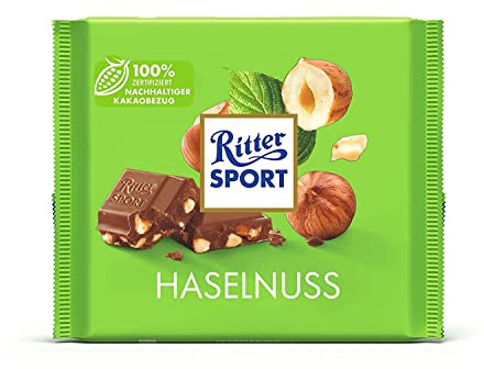 Nuevo diseño: avellana RITTER SPORT 100 g, chocolate con leche entera con avellanas tostadas, tablero de chocolate con sabor a nuez, chocolate de mesa con mordida delicada