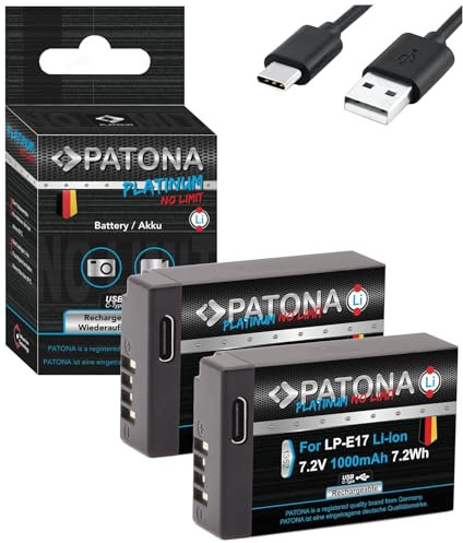 PATONA Platinum LP-E17 Lot de 2 Batteries USB 1000 mAh avec entrée USB directe - Compatible avec Canon EOS RP 77D 200D 250D 750D 760D 800D