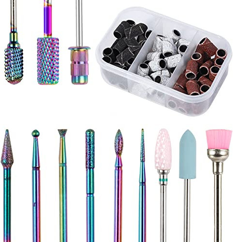 Nail Drill Bits Set, 12Pcs 3/32in Ceramic Tungsten Carbide Nail Drill Bit,Diamond Cuticle Electric Nail File Bits For Acrylic Nails With 75Pcs Nail Sanding Bands (80,120,180) For Manicures Pedicures