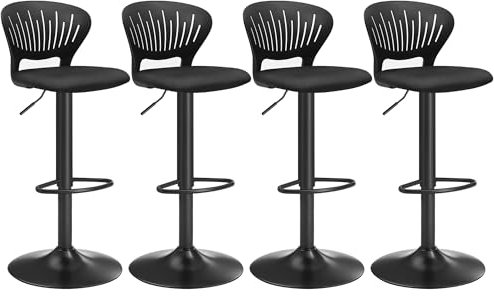 SONGMICS Tabouret Bar, Lot de 4, Chaise Bar, Chaise Haute Cuisine, Siège, Réglable en Hauteur, avec Dossier Incurvé, Assise Rembourrée, Repose-Pieds, Toile Respirant, Pivotant à 360°, Noir LJB04BK-4