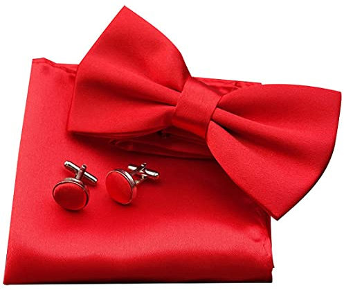 Einfarbig Fliege und Einstecktuch mit Manschettenknöpfe Sets für Herren（Rot）