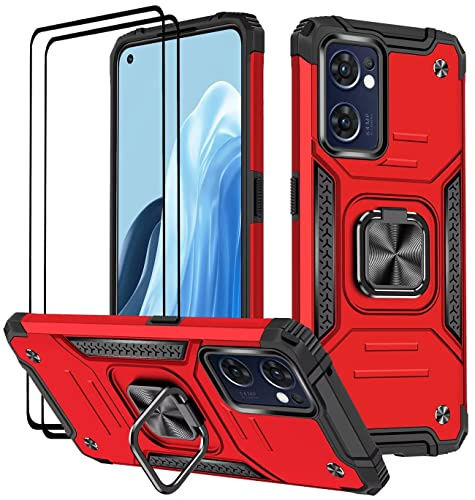 KANSi Hülle für Oppo Find X5 Lite, Schutzfolie [2 Stück] Silikon TPU Hart PC Handy Hüllen 360 Grad Drehbar Ringhalter Bumper Stoßdämpfung Schutzhülle - Rote