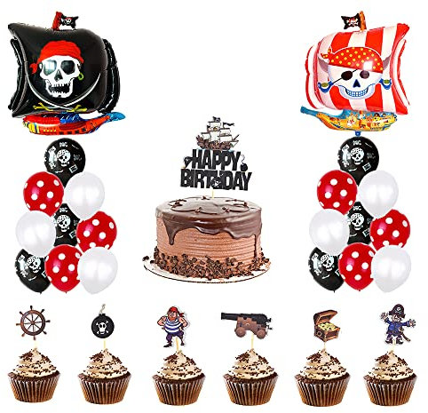 Geburtstag Luftballon für Piraten,Piratenschiff Party Dekorationen Happy Birthday Banner Cake Topper Luftballon Fluch der Karibik Party Supplies für Kindergeburtstag Babyparty Dekoration 33Stück