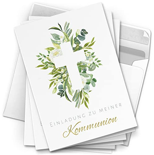 10 Einladungskarten Kommunion - Motiv großes Kreuz Blätter - moderne Klappkarten mit Umschlägen - Einladungen zu Kommunionsfeier Einladung Karten