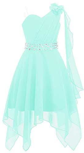 IEFIEL Asymétrique Robe Demoiselle d'honneur Enfant Fille Fleur Robe de Cérémonie Soirée Strass Une Epaule Robes de Baptême Fête Mariage Taille Haute Vert Menthe 5-6 Ans