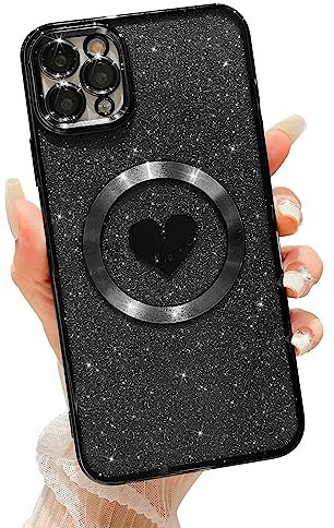 HYUEKOKO Kompatibel mit iPhone 11 Pro Max 6,5 Zoll Hülle mit Magsafe, Plating Herz Glitzer Magnetische Hülle für Frauen Mädchen TPU Kameraschutz Back Cover für iPhone 11 Pro Max Schwarz