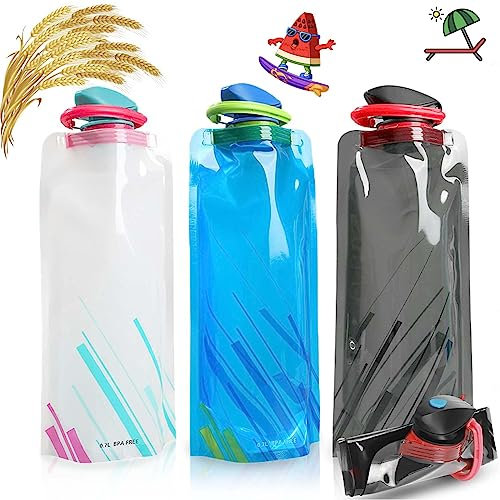Faltbare Trinkflasche,3 Stück Tragbarer Zusammenklappbare Wassersack,Faltbare Wasserflaschen Set,Wiederverwendbare Wasserflasche mit Karabiner,für Wandern,Abenteuer,Reisen,Unisex Adult(700ML)