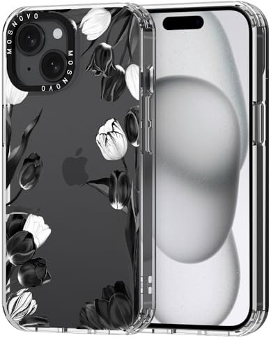 MOSNOVO Case for iPhone 15, [Buffertech 6.6ft Military-Grade Drop Protection] [Anti Peel Off Tech] Clear TPU Bumper Phone Case Cover Design - Black White Tulips