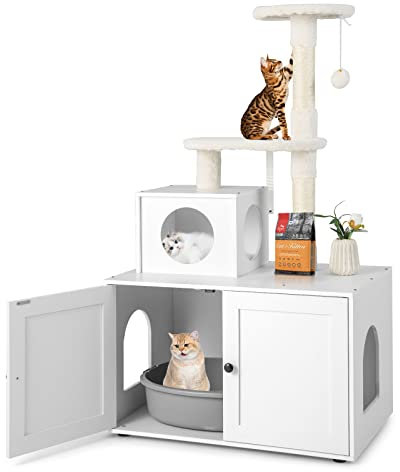 GYMAX Tiragraffi per Gatti, con Rifugio ad Ante Nascosto, Ideale per Gatti Adulti, 77,5 x 49 x 132 cm (Bianco)