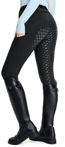 FitsT4 Sports Damen Winterreitleggings Fleece-Reithose Silikon Vollbesatz Reithose mit Reißverschluss-Taschen und Gürtelschlaufen