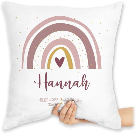 Kissen 40x40 Zierkissen - Geschenk Boho Regenbogen mit Name I Geschenke zur Geburt personalisiert - 40 x 40 cm - Weiß - Geburtsgeschenk personalisierte Babygeschenk Geburtsgeschenk für mädchen