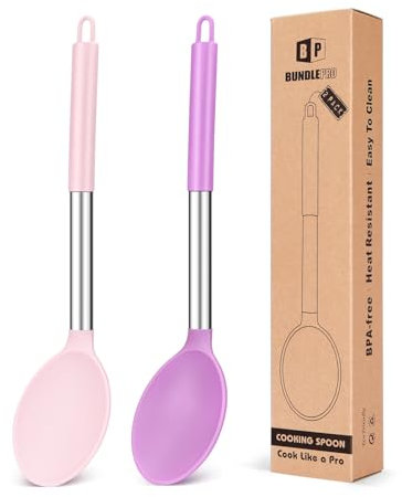 BUNDLEPRO Pack of 2 Large Silicone Cooking Spoon Non Stick Solid Basting Spoons Heat-Resistant Kitchen Utensils for Mixing Serving (Pink-Purple), FB-105