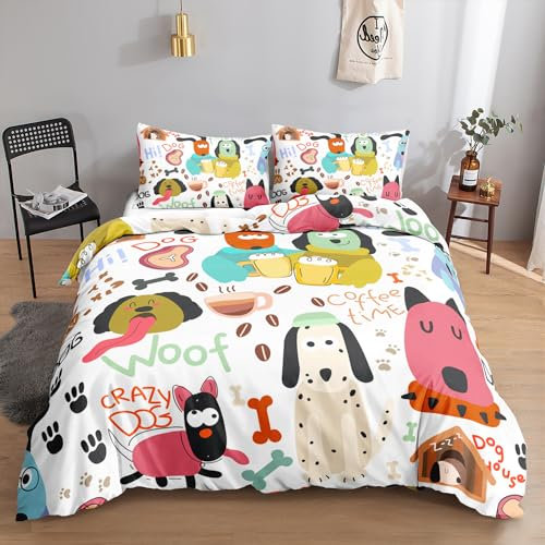 HOSIMA Jungen- und Mädchen-Cartoon Bunter Welpe-Bettwäsche-Set, Cartoon Bunter Welpe-Druck, Bettbezug mit 2 Kissenbezügen(Cartoon Bunter Welpe S)