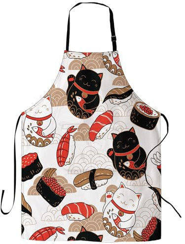 CIAIDU Abstrakte Blumen Schürze, Küchenschürze mit 2 Taschen, Schürze zum Kochen, Kellnerin, Bistro, Backen, Schürze Geschenke für Sie, Cat Maneki Neko Sushi, 28*33in