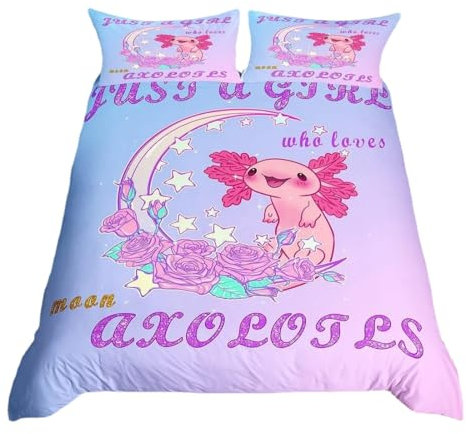 Süßer Axolotl Kinder Bettwäsche 140x200cm Mit Kissenbezug, Karikatur Microfase Mädchen Bettbezüge Set Mit Reissverschluss 2 Teilig (A1,90x200 cm + 80x80 cm)