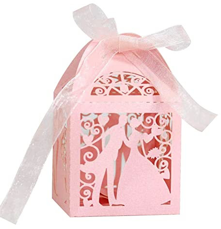 iSpchen Gastgeschenke Hochzeit Süßigkeiten Kasten 50PCS Klein Süßigkeiten Kasten Taufe Gastgeschenke Schachtel, Bonboniere Box Hochzeit Dekoration für Hochzeit Party,Rosa