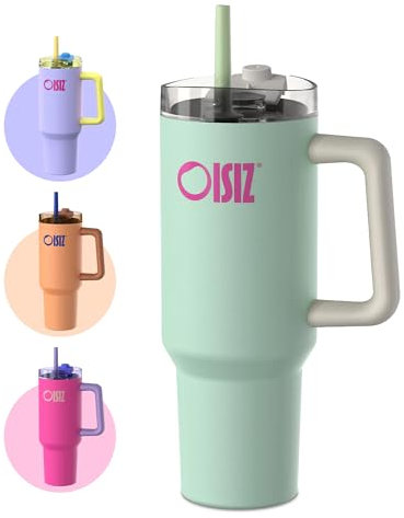 OISIZ Vaso de 40 onzas con asa y tapa con pajilla, botella de agua de acero inoxidable, reutilizable, aislada al vacío, taza de café de viaje, apta para portavasos, tapa para beber o tragar, a prueba
