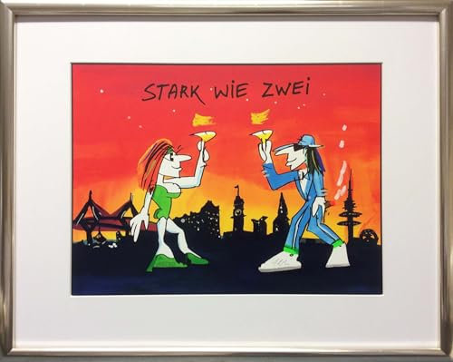 Kunstverlag Christoph Falk Stark wie Zwei (Hamburg City) - UDO Lindenberg Bild - handsignierte Auflage original Grafik im silberfarbenem Rahmen hinter Museumsglas. Likörell. Siebdruck.