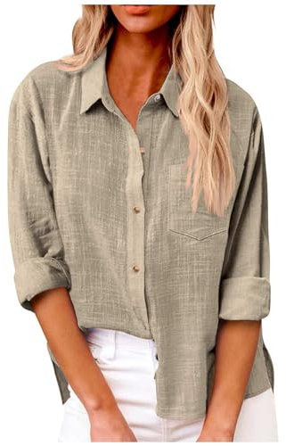 Linen Shirt Women,Langarm Blusen Damen,Leinen Damenhemd Sommer Langarm Revers Button Down Hemd Leichte Gaze lose lässige Mode Shirt Kleidung,Beige,3XL
