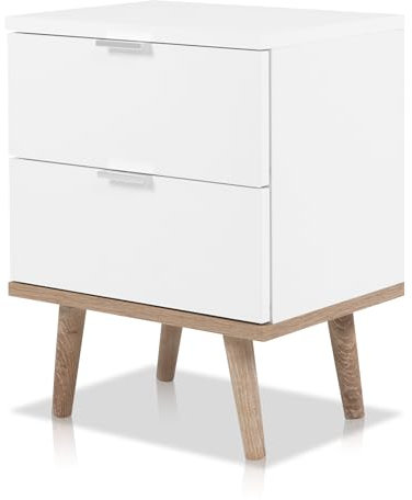 KHG Nachttisch 2 Schubladen Scandi, Nachtkonsole aus Holzwerkstoff weiß foliert fürs Schlafzimmer, 40 x 52 x 30 cm (B/H/T)