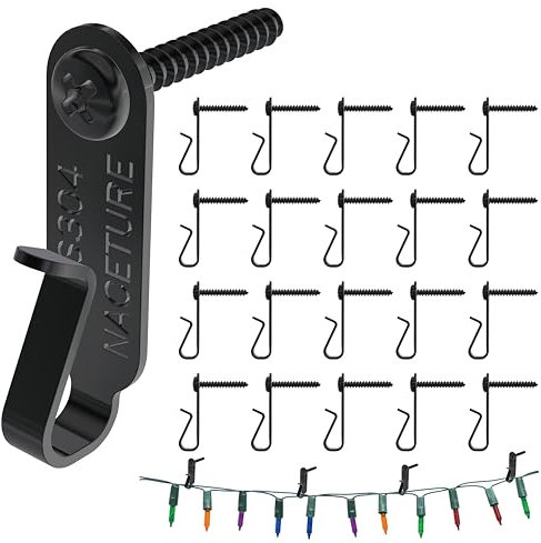 NACETURE String Light Hanger Hooks- Stainless Steel Light Clips, Outdoor Small Screw Hook for Christmas Party Led Light Wire, Led Fairy Light Hook (Black 20 Pack)