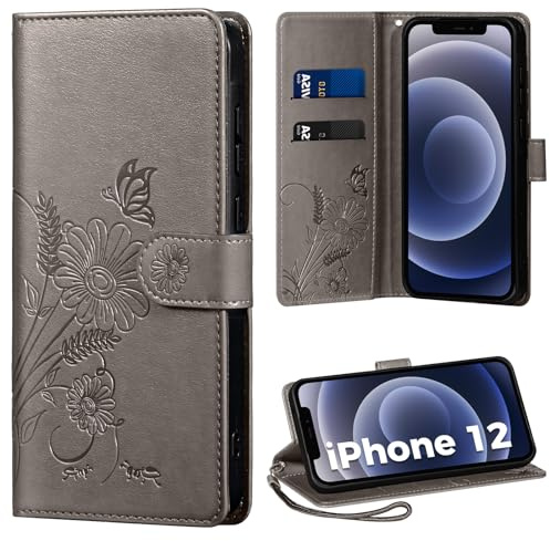 Thorhülle Handyhülle für iPhone 12/12 Pro Hülle, Schutzhülle für iPhone 12 PU Lederhülle Tasche Flip Case Kartensteckplätzen Klapphülle Kompatibel mit iPhone 12 Pro Hülle, Grau