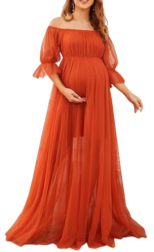 Fiacafyo Women's Long Sleeve Off Shoulder Maternity Maxi Dress Lace Ruffle Sleeve Tulle Gown Pregnancy Dress for Photoshoot (A-Orange Red, M)