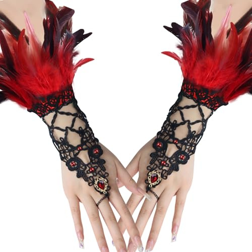 Spitzenhandschuhe Federn Damen Vintage Feder Handschuhe Damen Spitzenhandschuhe Fingerlos Manschette Spitze Feder Armband Spitze Handschuhe für Cosplay Hochzeit Halloween Karneval Kostüm Zubehör