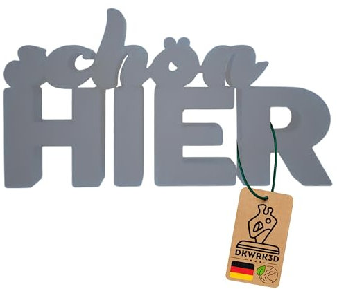 Schön Hier Schriftzug - Schön-Hier Schild - Figur zum Hinstellen - Wohnzimmer Dekoration für zu Hause - Aufsteller - Home Deko - Regal - Kommode - Flur - 3D Buchstaben aus Kunststoff (Grau, L)