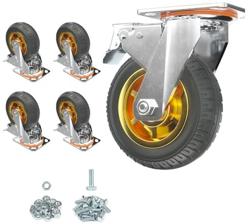 Schwerlastrollen 125mm mit Bremse, 4er-Set Hochbelastbare Transportrollen Lenkrollen Gummi, leise & bodenschonend für Möbel, Werkbank, Transportwagen (Traglast 330kg)