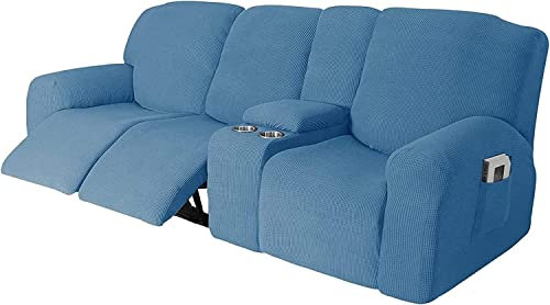 Stretch Recliner Cover with Cup Holder and Console Pocket Deluxe Recliner Furniture Protector in Blue 3 Seater Size Set of 10 Pieces