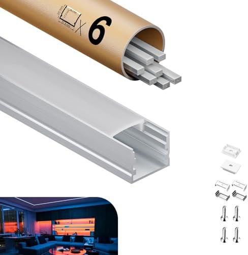 KOSOOM LED profil geeignet für LED Streifen, 2 m x 6 Stück 12 m, Größe 20 mm x 15 mm, für LED Streifen mit einer Breite von weniger als 15,3 mm, mit Montagezubehör