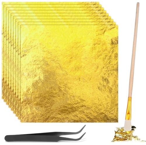 150 Blatt Goldfolie Flocken blattgold essbar Goldfolie Papier 14X14CM Blattgold torten deko mit Pinzetten und Bürsten,Blattgold Imitation für Vergoldung,Malerei,Küche Mousse Kuchen,Handwerk Nägel