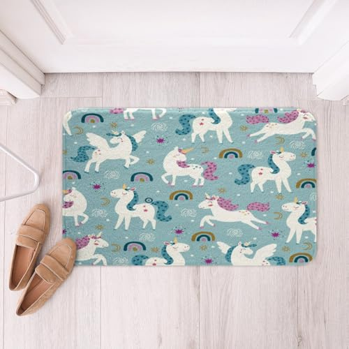 Loussiesd Cartoon Einhorn Badematte 50x80cm Einhorn für Badezimmer Wohnzimmer Badezimmerteppich Liebesmuster Regenbogen Badvorleger Prinzessin Stil Badezimmerteppich Bunte Streifen Duschvorleger