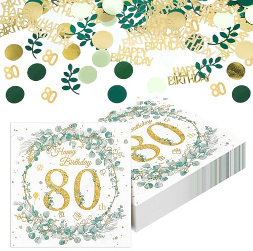 Yamitora 40 Stück Servietten 80. Geburtstag, Eukalyptus Motiv Papierservietten mit Konfetti Geburtstag Tischdeko für 80 Geburtstag Mann Frau Geburtstag Party Deco